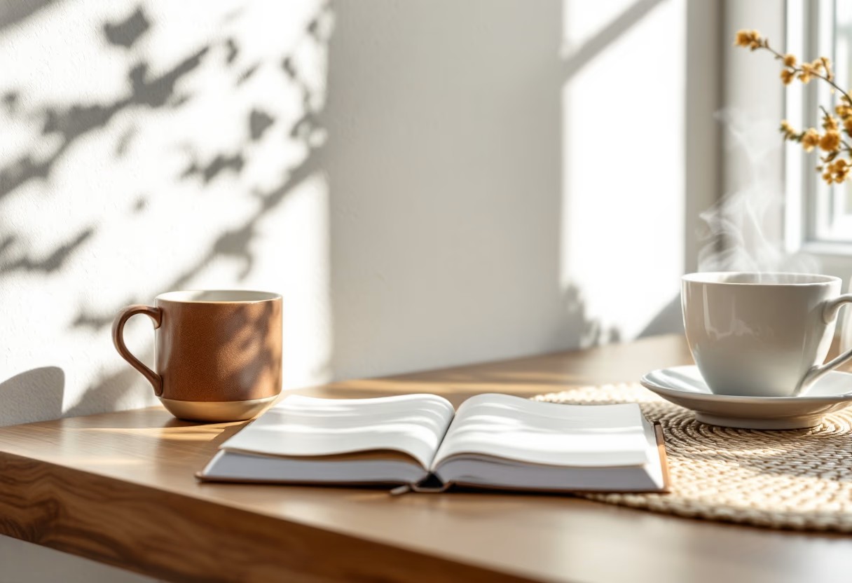 image of a notebook and coffee cup on a table for a productivity tools business